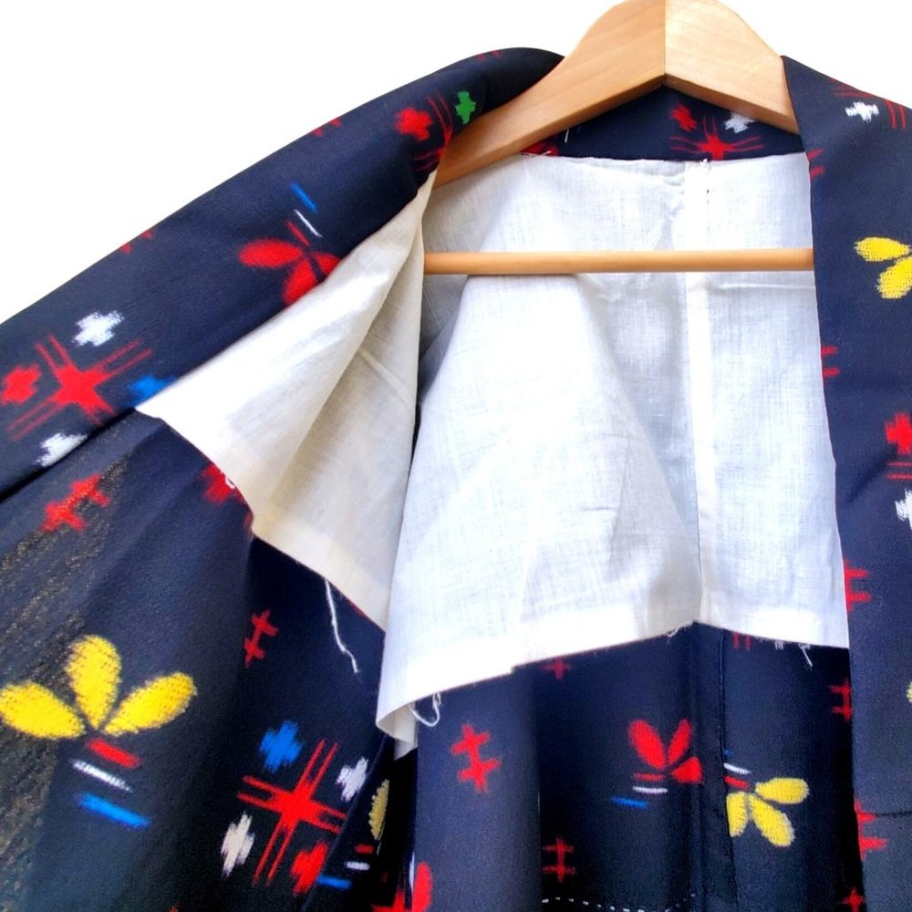 Vintage Black Kimono Abstract Floral Wool Blend Hand Stitched NWOT Dead Stock - Picture 5 of 9